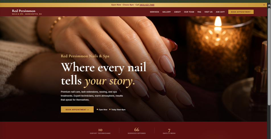 The Red Persimmon Nails and Spa homepage, showing their booking button and opening hours